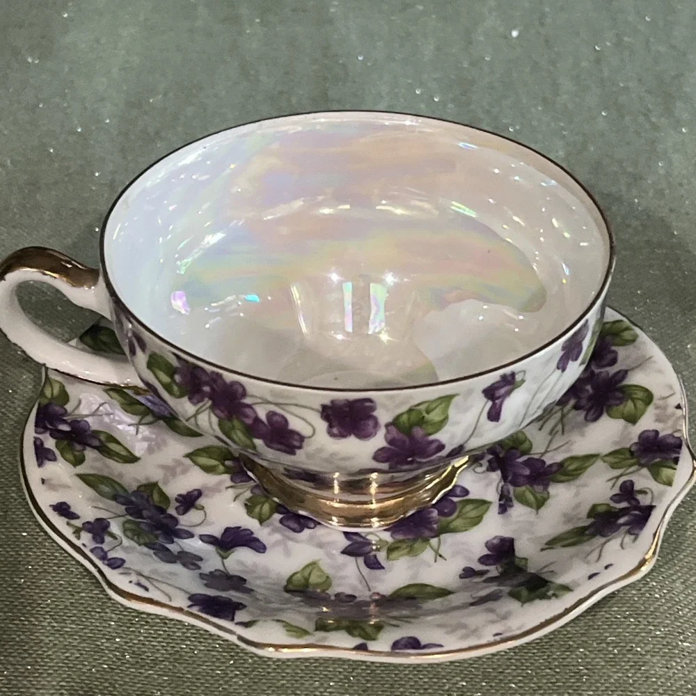 Victoria Ceramics Japan Porcelain Violets Gold Lusterware Teacup & Saucer Rare!